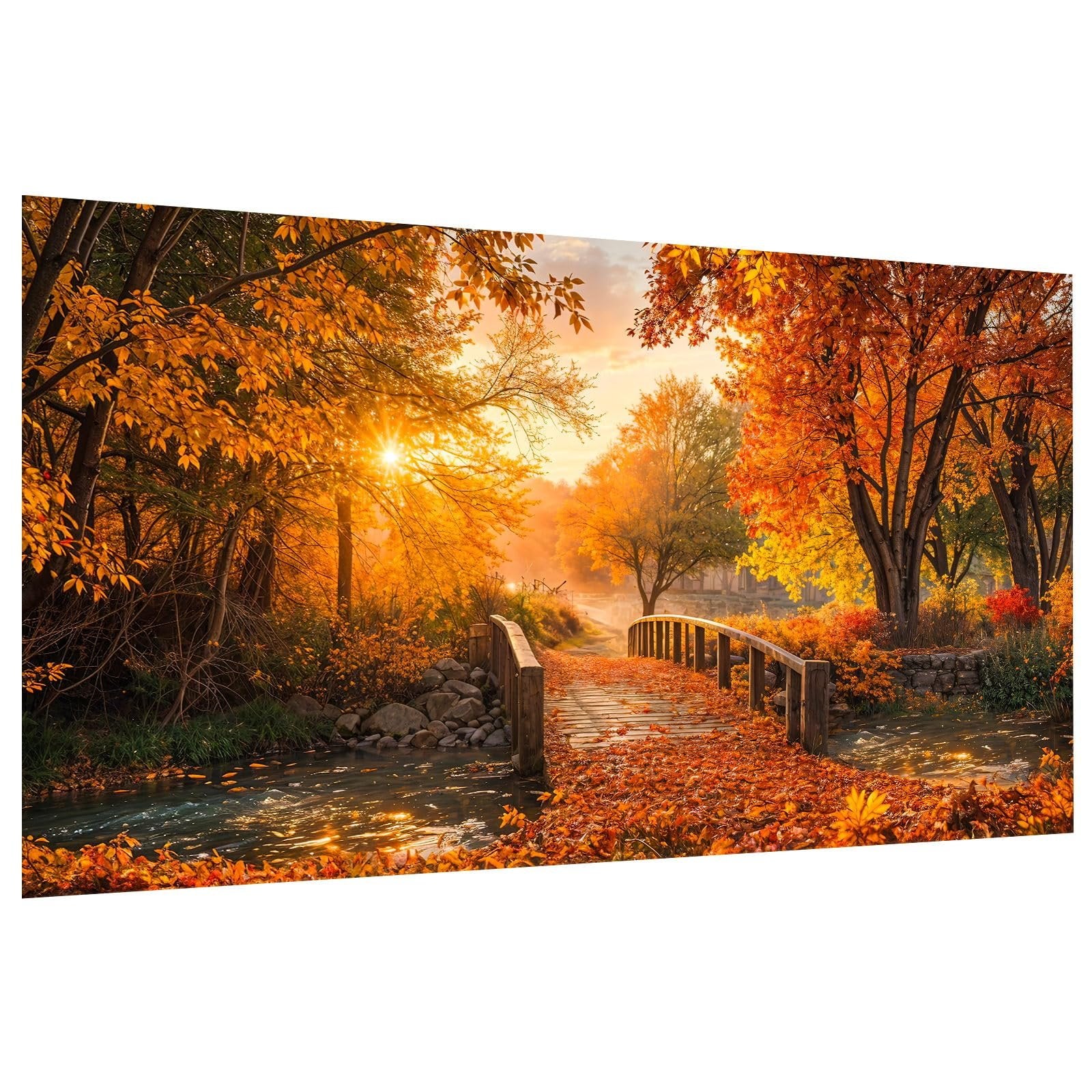 Wooden bridge covered in autumn leaves with a stream and sunbeams through trees.