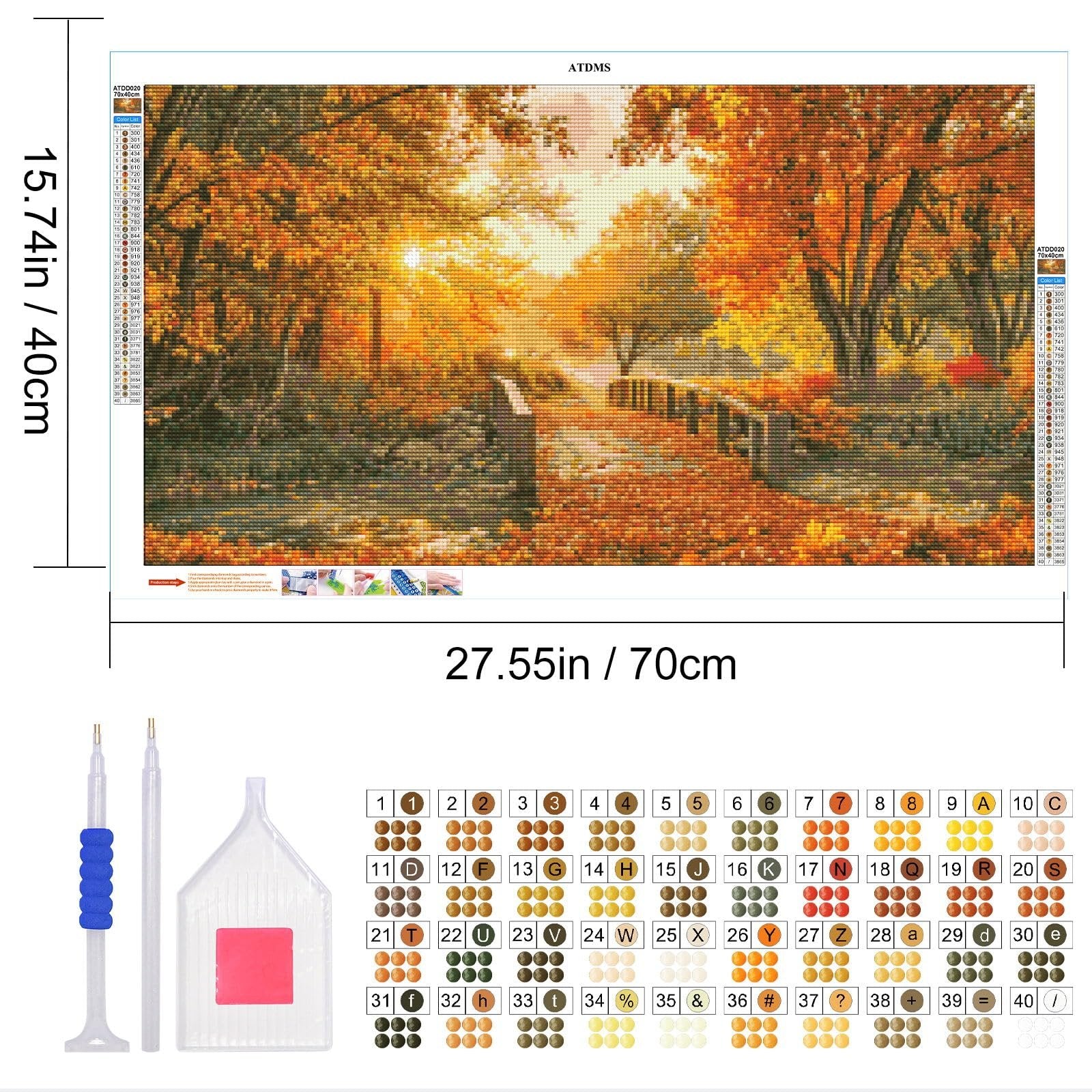 Diamond painting kit showing a forest sunset scene with a bridge over a stream, includes color chart and tools.