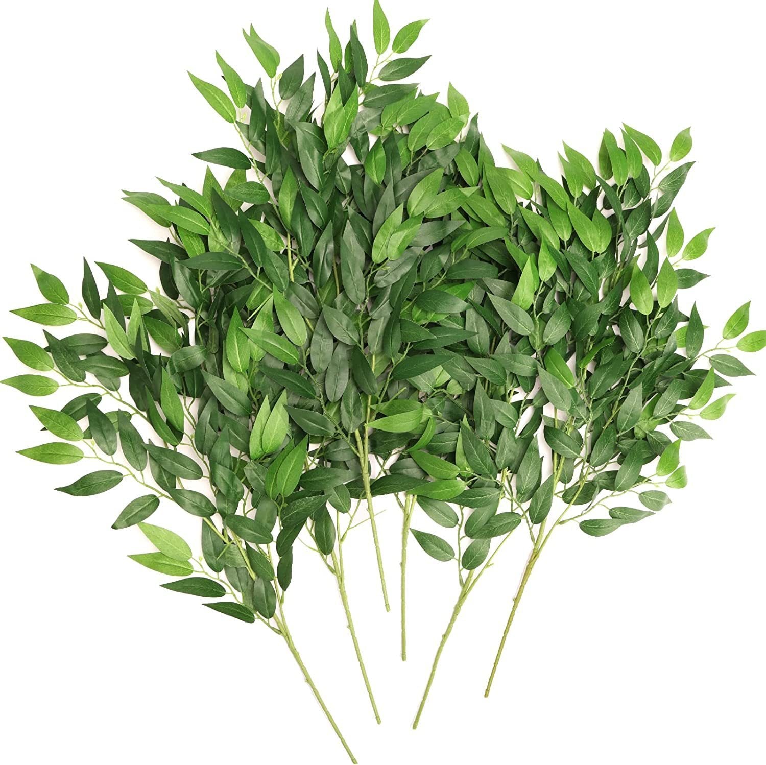 Four artificial Italian Ruscus greenery stems with green leaves on a white background.