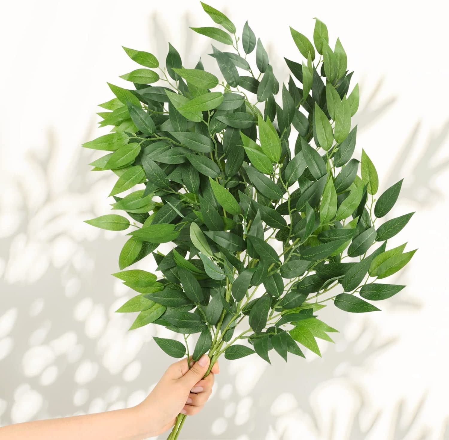 Hand holding artificial Italian Ruscus greenery stems with green leaves against a white background with light shadows.