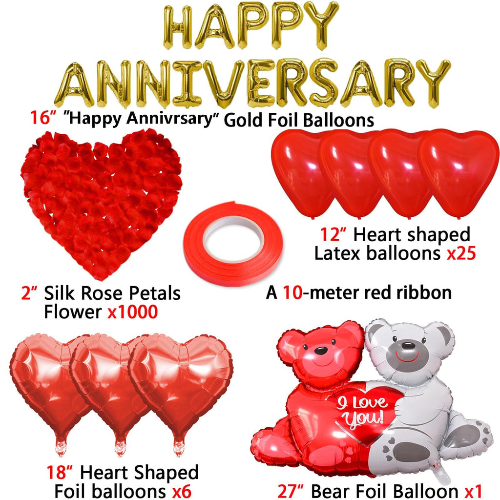 Anniversary balloon set including gold foil 'Happy Anniversary' banner, red heart balloons, silk rose petals, ribbon, and bear foil balloons.