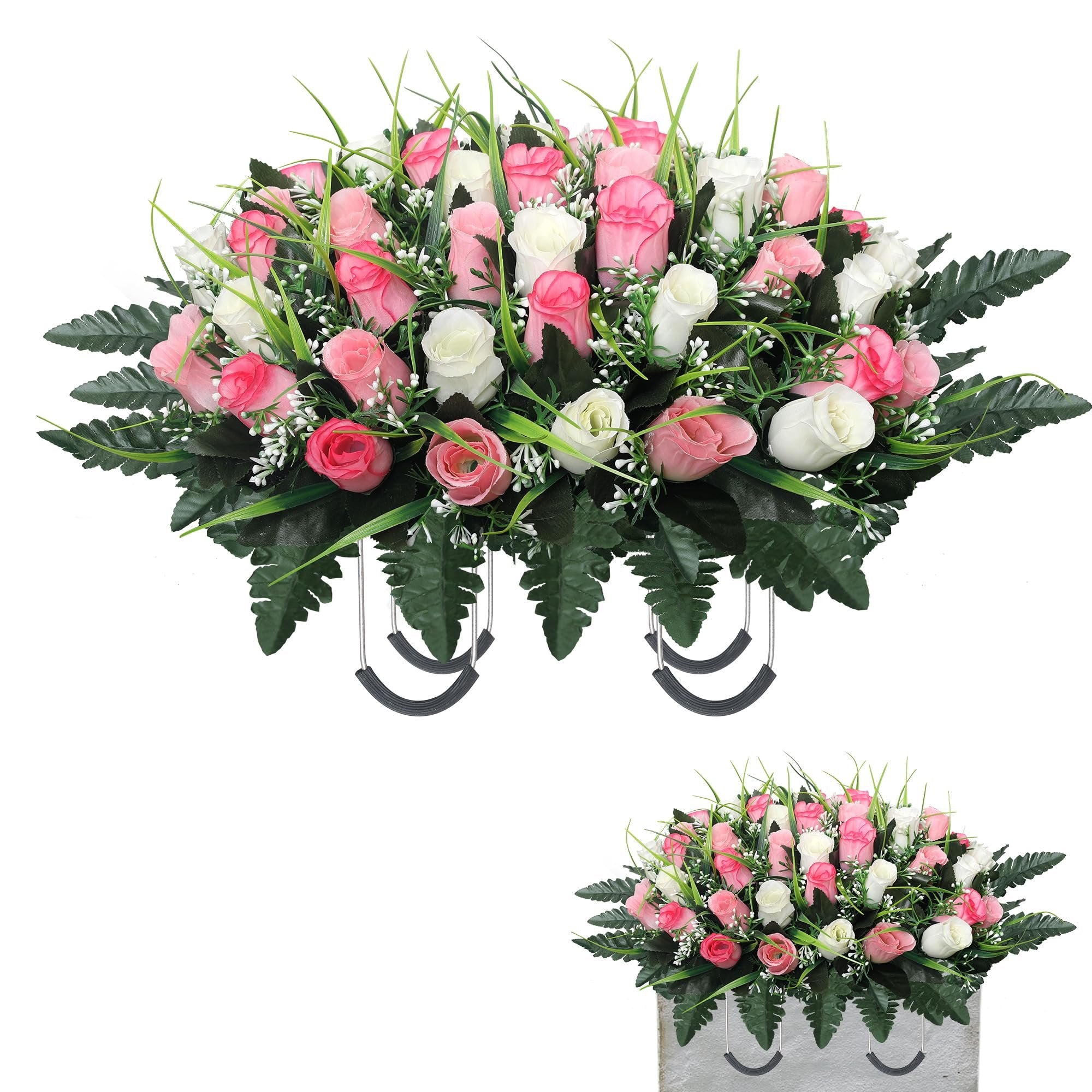 Artificial headstone flower saddle with pink and white roses and green leaves, featuring adjustable iron support arms.