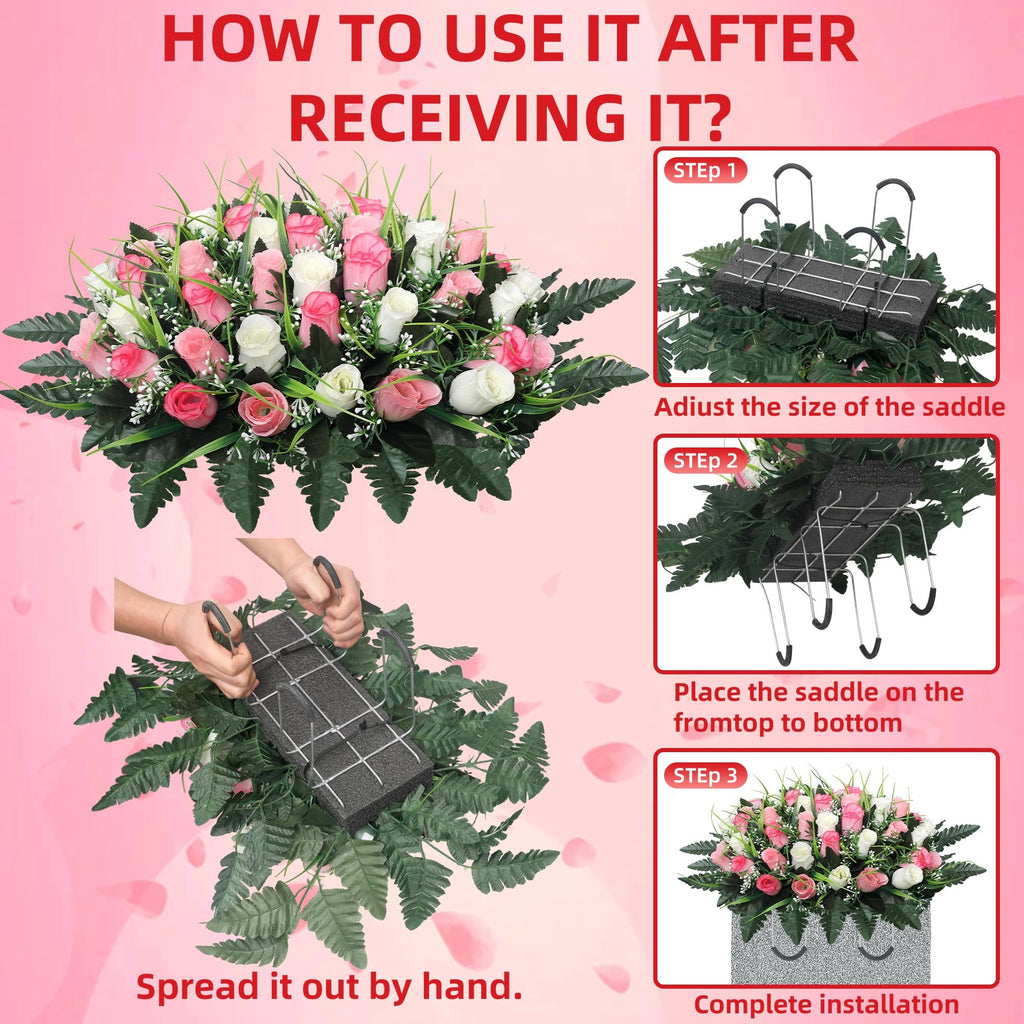 Artificial headstone flower saddle with pink and white roses and green leaves, shown in steps for assembly.