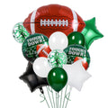Football themed balloon bouquet with foil football, star, latex, and confetti balloons on white background.
