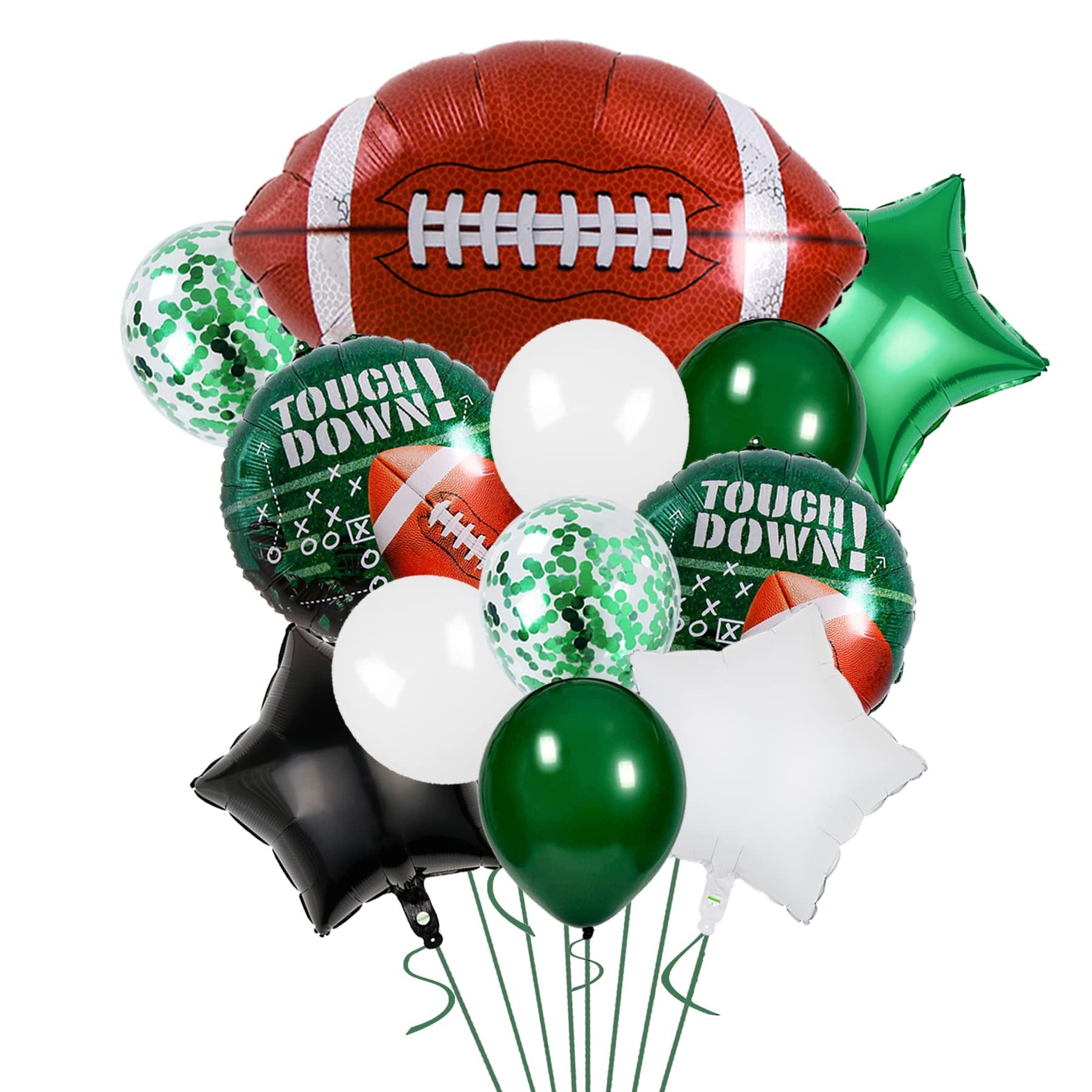 Football themed balloon bouquet with foil football, star, latex, and confetti balloons on white background.