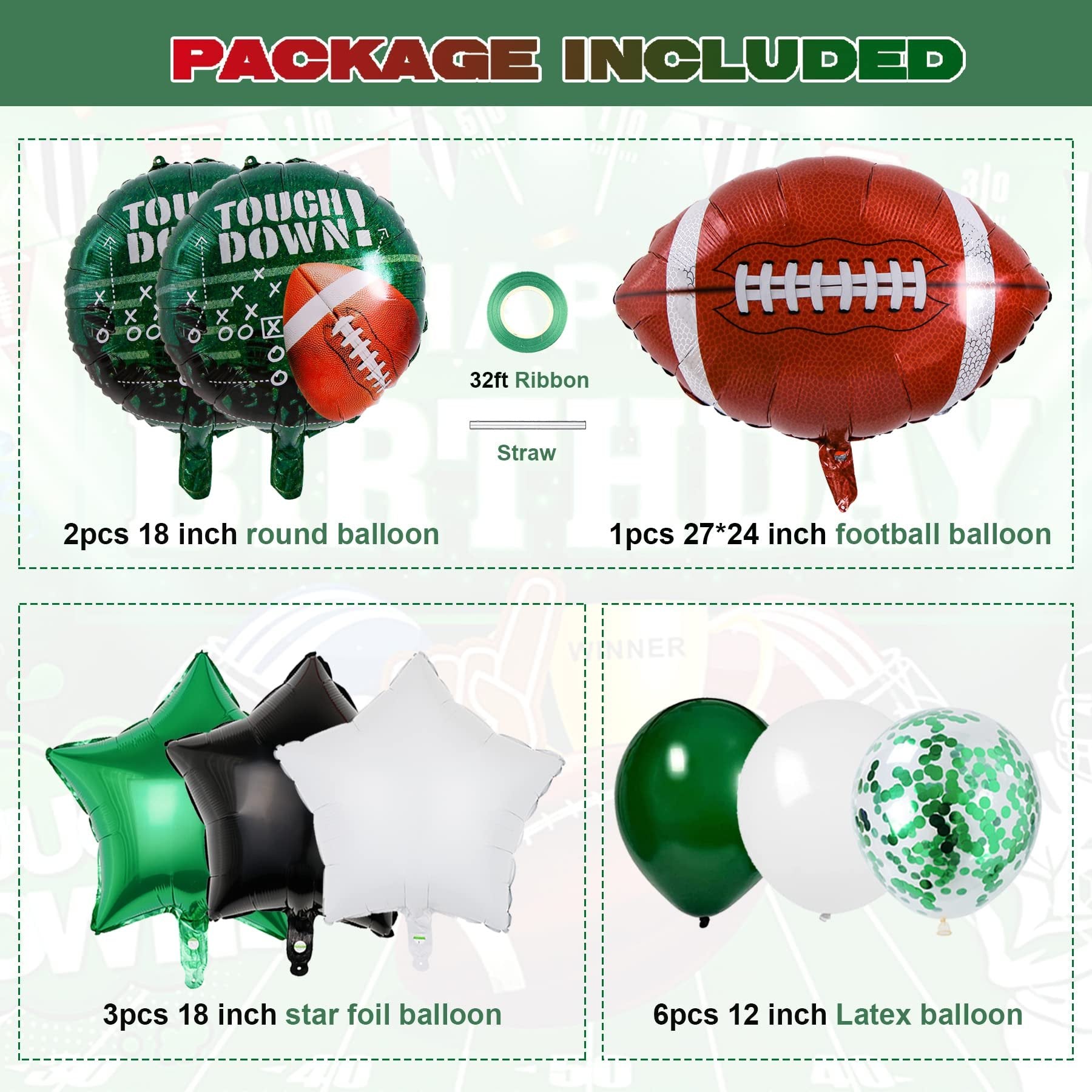 Football themed balloon bouquet including round, star, and latex balloons with ribbon and straw.
