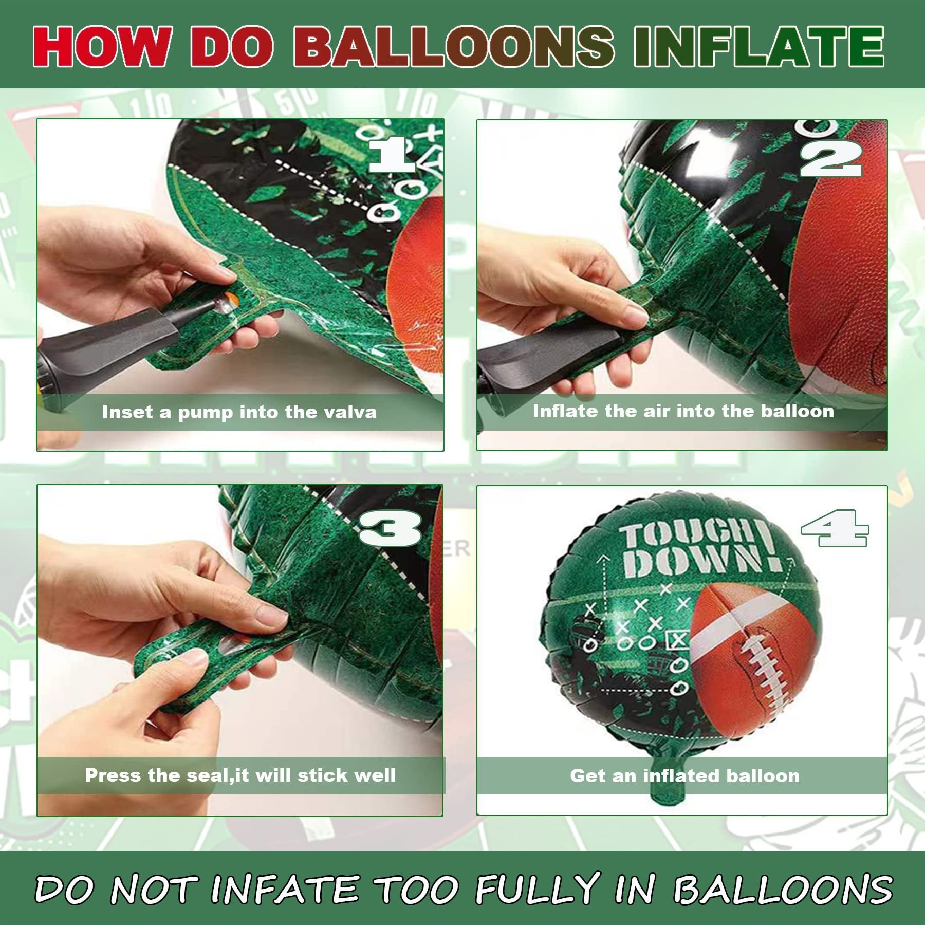 Four-panel graphic showing how to inflate a football-themed balloon.