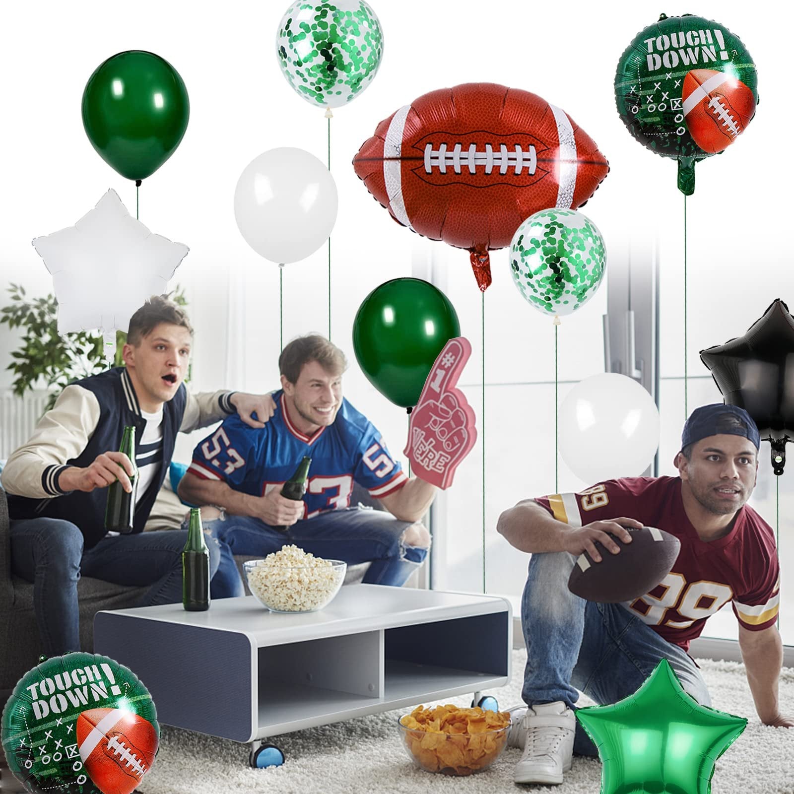 Football party balloons and people watching a game, including football-shaped balloons, star balloons, and confetti balloons.