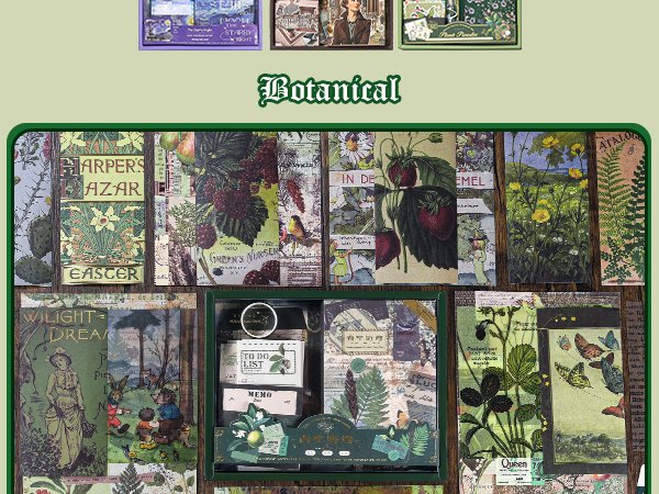 Collage of vintage botanical and nature-themed scrapbooking papers and ephemera, including floral illustrations, fruits, and butterflies.