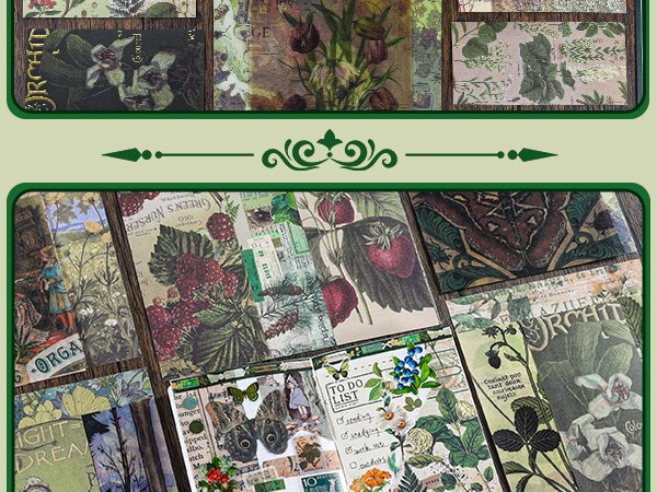 Collage of vintage-style scrapbooking papers and ephemera featuring botanical illustrations, fruits, and text.