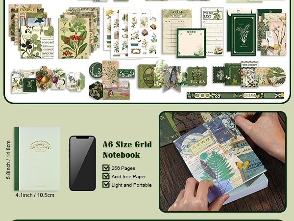 Scrapbooking kit contents including A6 grid notebook, stickers, papers, and vintage ephemera, with a lifestyle shot of hands using the notebook.