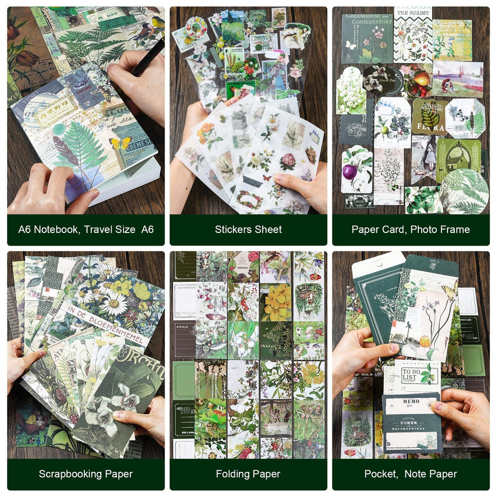 Collage of various scrapbooking supplies including a notebook, stickers, paper cards, and folding paper.
