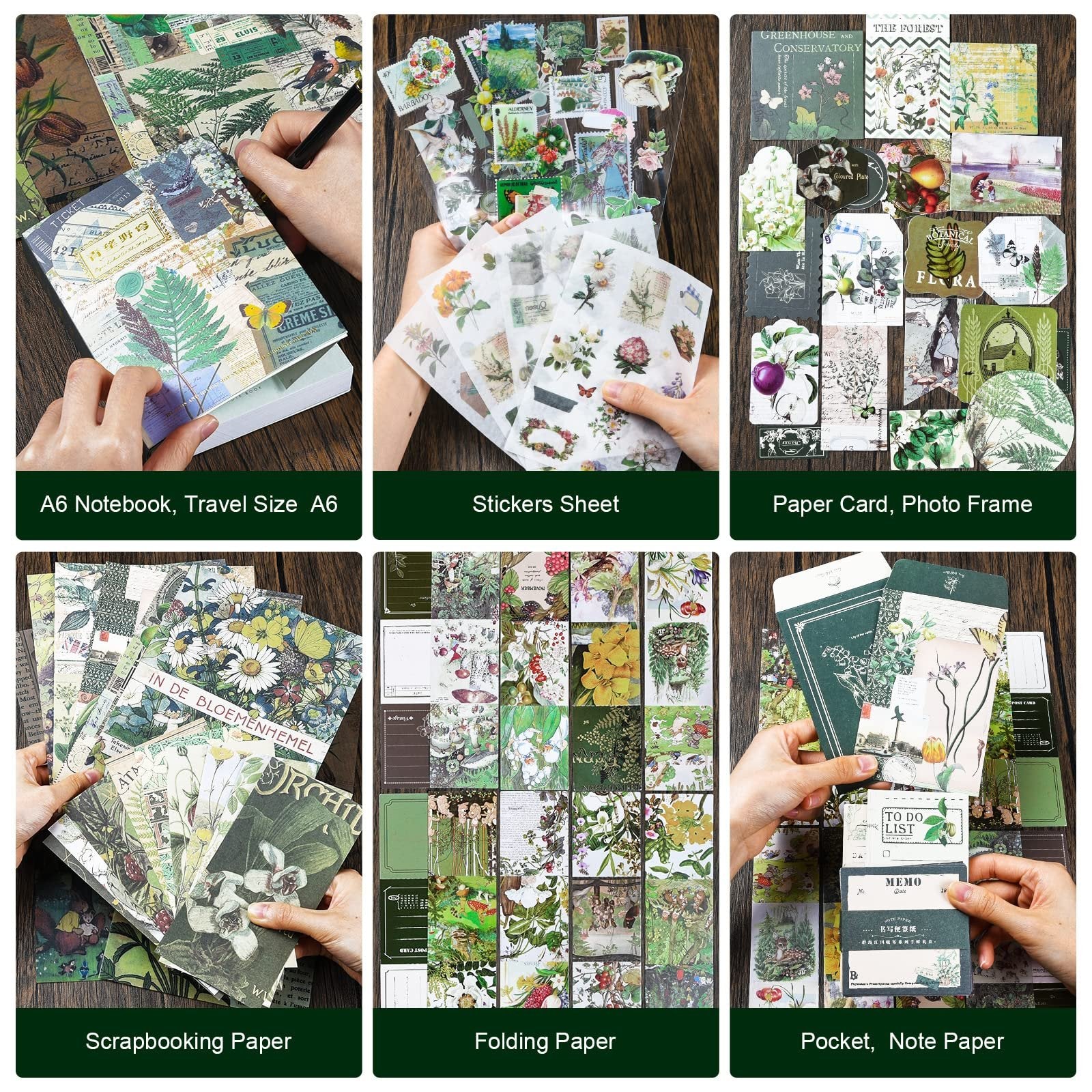 Collage of various scrapbooking supplies including a notebook, stickers, paper cards, and folding paper.