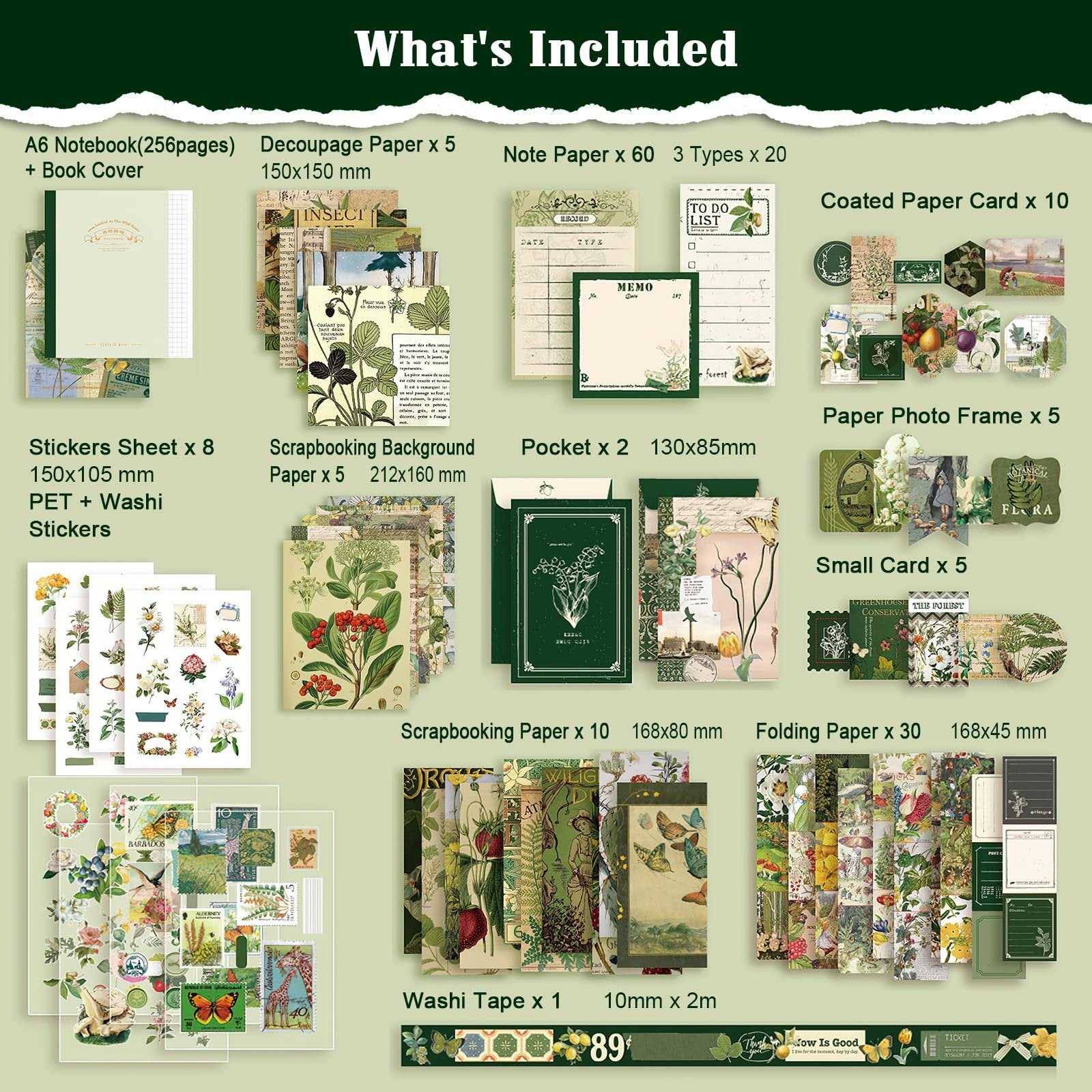 Collage of various scrapbooking supplies including notebooks, papers, stickers, and washi tape, with text labels for each item.