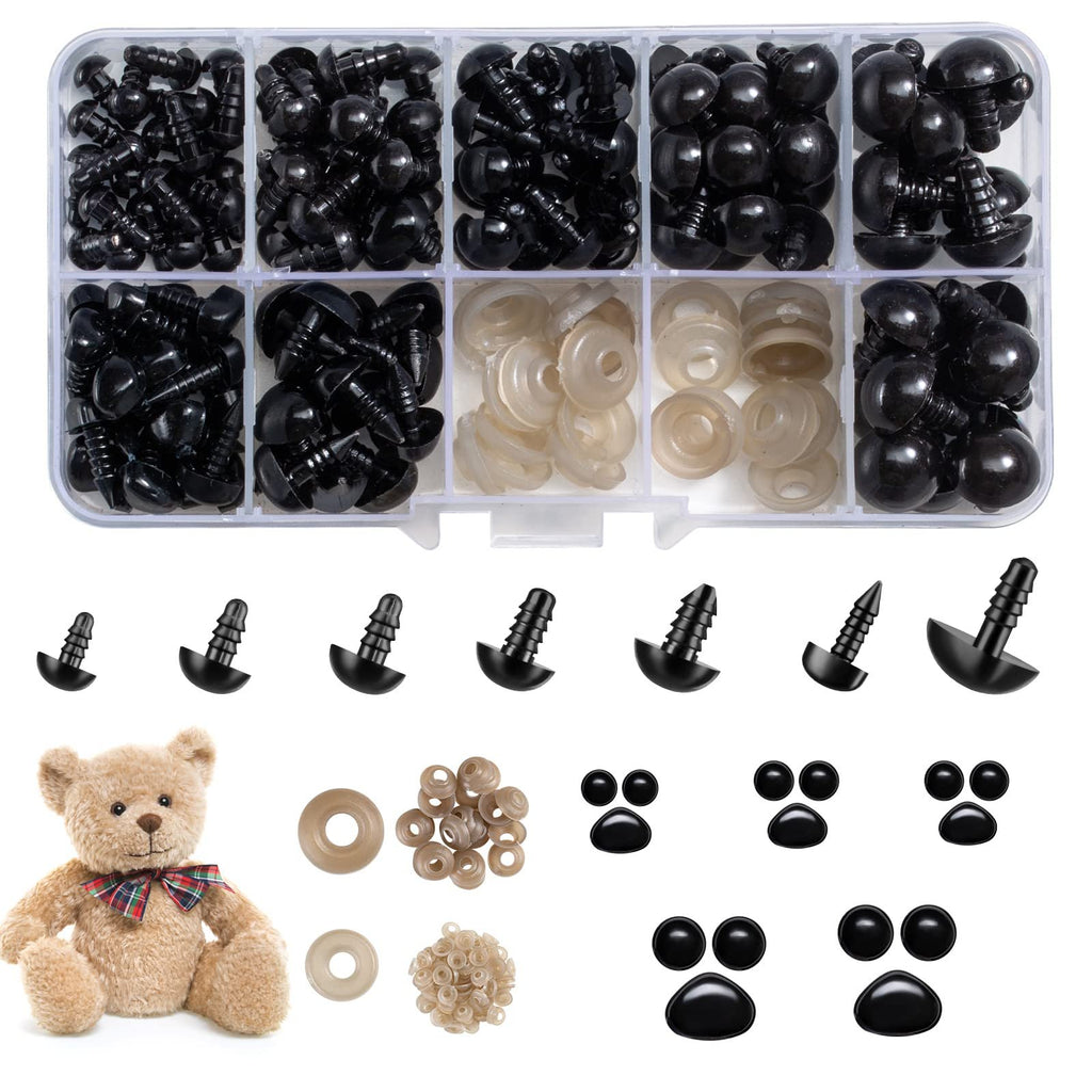 Set of black plastic safety eyes and noses with washers in a divided container, plus a teddy bear and loose components.