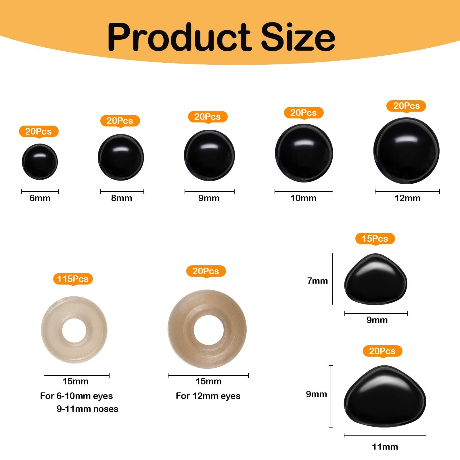 Product size chart showing various black safety eyes and noses with dimensions and quantities, plus beige washers.