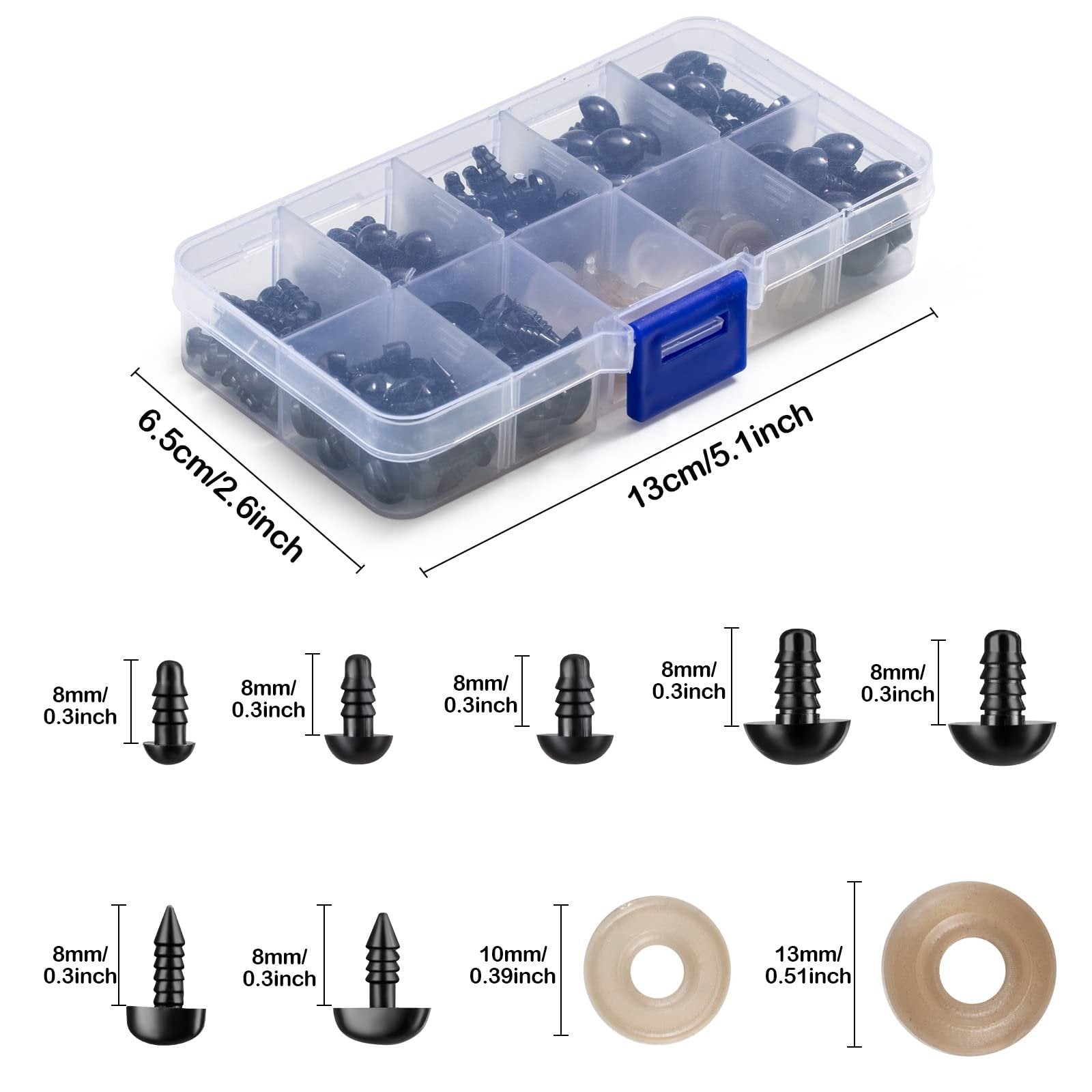 Plastic safety eyes and noses in a divided storage case with dimensions shown, plus individual pieces with size callouts.