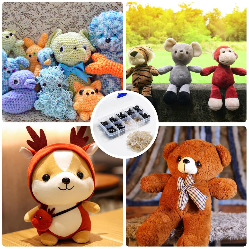 Collage of crocheted stuffed animals, plush toys, and a box of safety eyes and noses with washers.