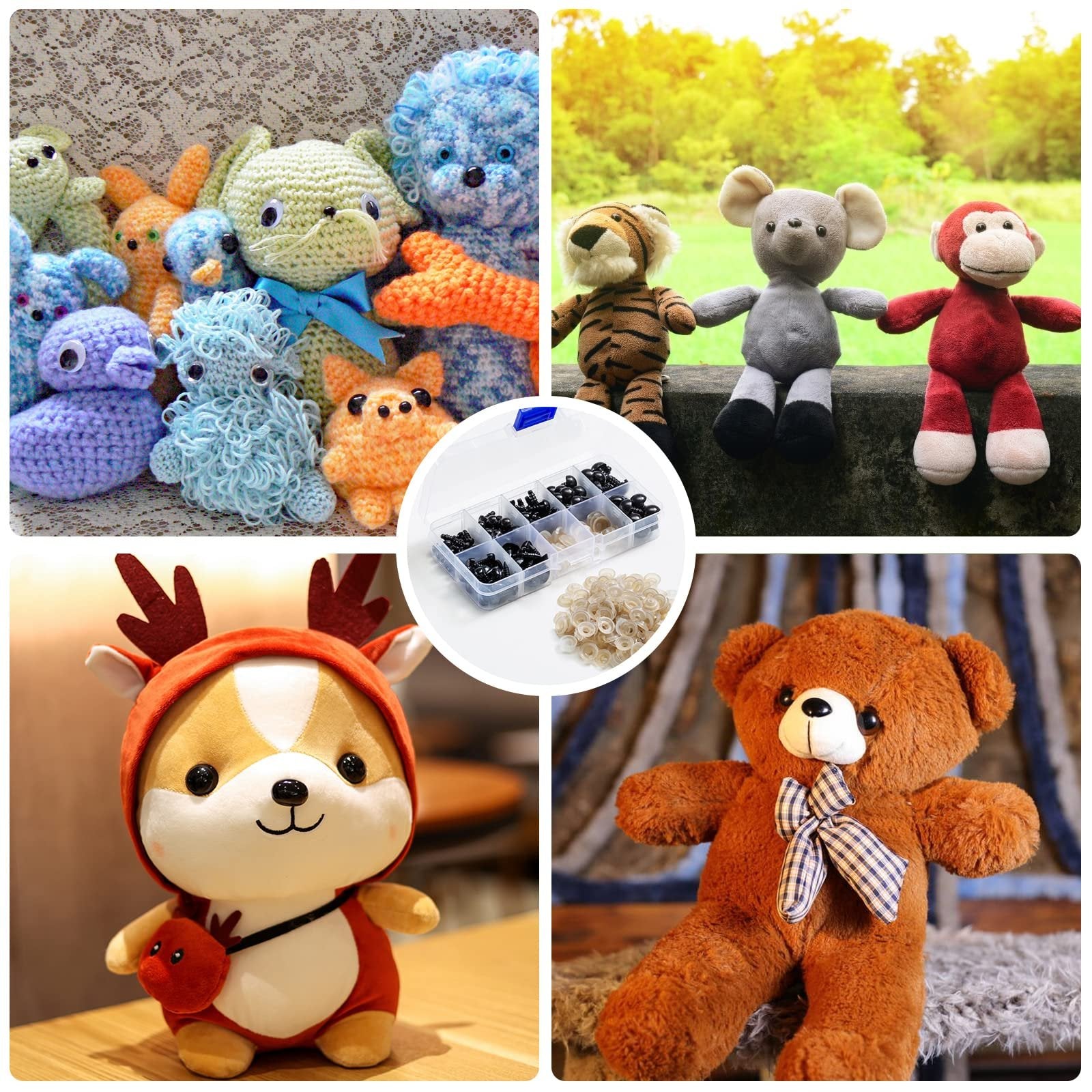 Collage of crocheted stuffed animals, plush toys, and a box of safety eyes and noses with washers.
