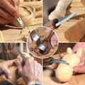 Collage of hands using wood carving tools on various projects, including detailed carving and spoon shaping.