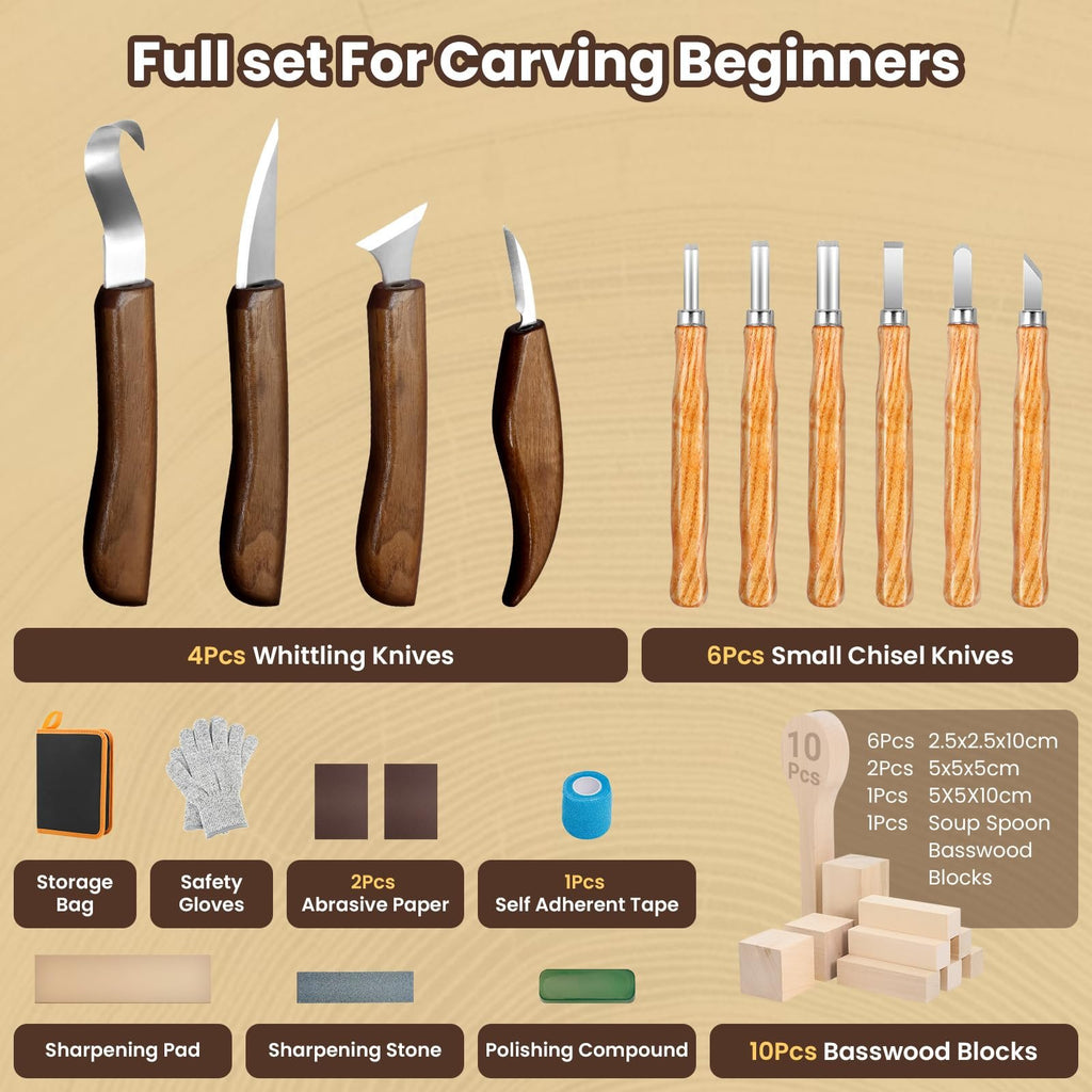Wood carving tool set for beginners, showing whittling knives, chisels, basswood blocks, gloves, and sharpening supplies.