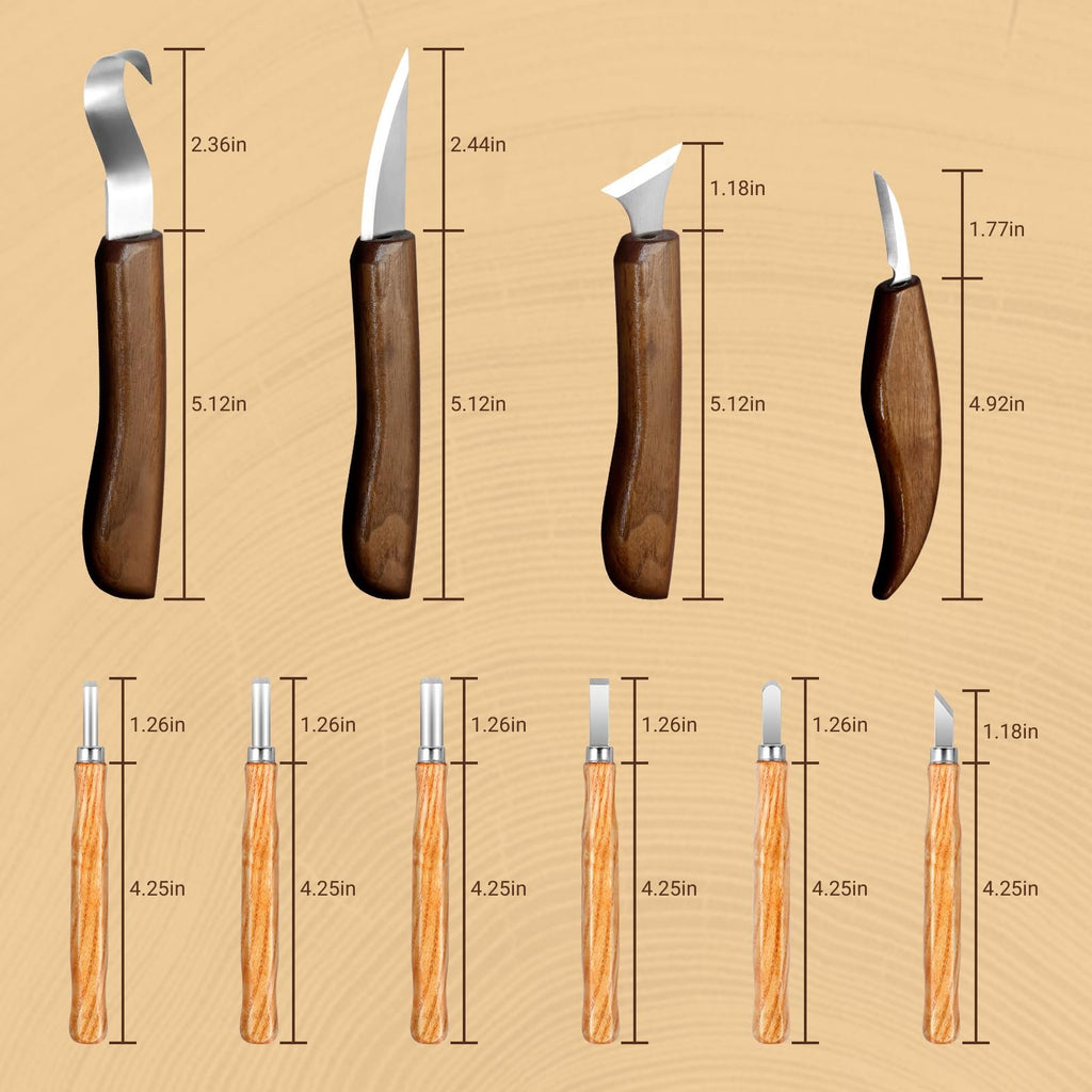 Wood carving tools set with dimensions shown, including gouges and chisels with wooden handles.