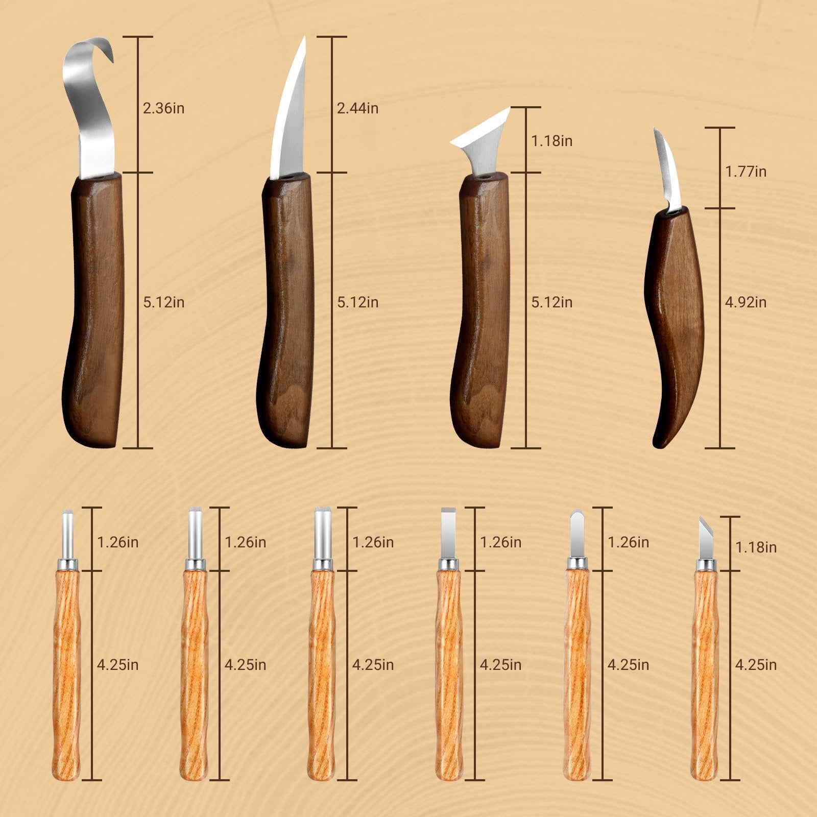 Wood carving tools set with dimensions shown, including gouges and chisels with wooden handles.