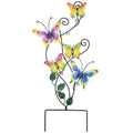 Metal garden stake and wall art decor with five colorful butterflies on a vine, white background.
