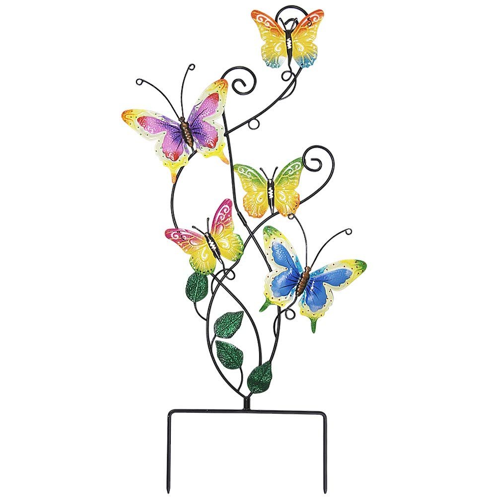 Metal garden stake and wall art decor with five colorful butterflies on a vine, white background.