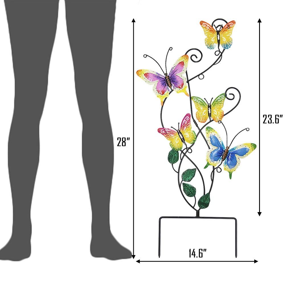 Metal butterfly garden stake and wall art decor shown with a human silhouette for scale, indicating dimensions.