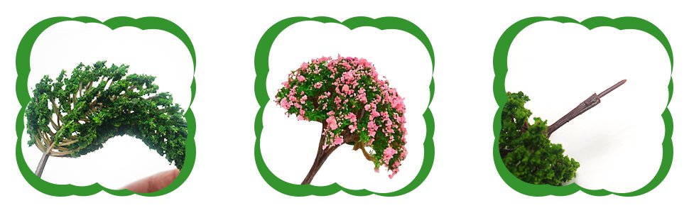 Three miniature model trees: one green evergreen, one with pink blossoms, and one with a brown branch detail.