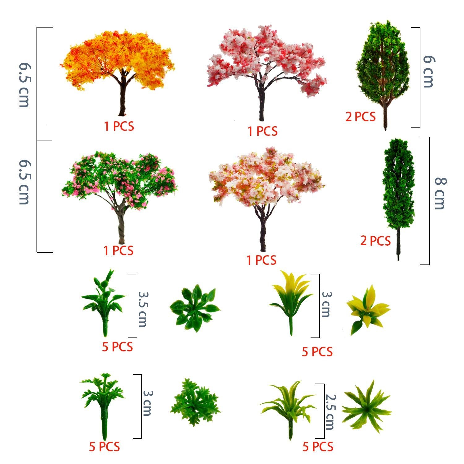 Assortment of miniature model trees and plants with size and quantity labels, displayed against a white background.