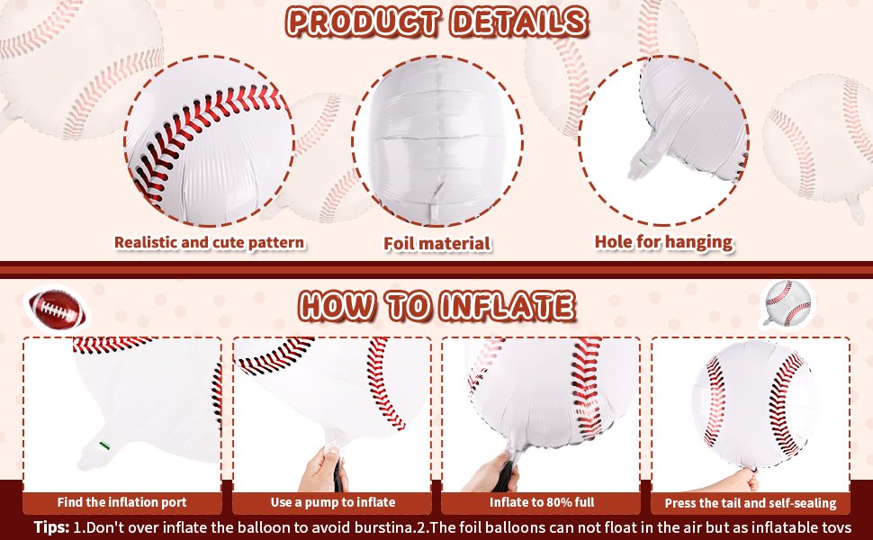 Sports-themed foil balloons with product details and inflation instructions. Includes baseball, football, and other sports designs.