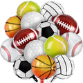 Assortment of sports-themed foil balloons including baseball, basketball, soccer, football, tennis, volleyball, and golf designs.