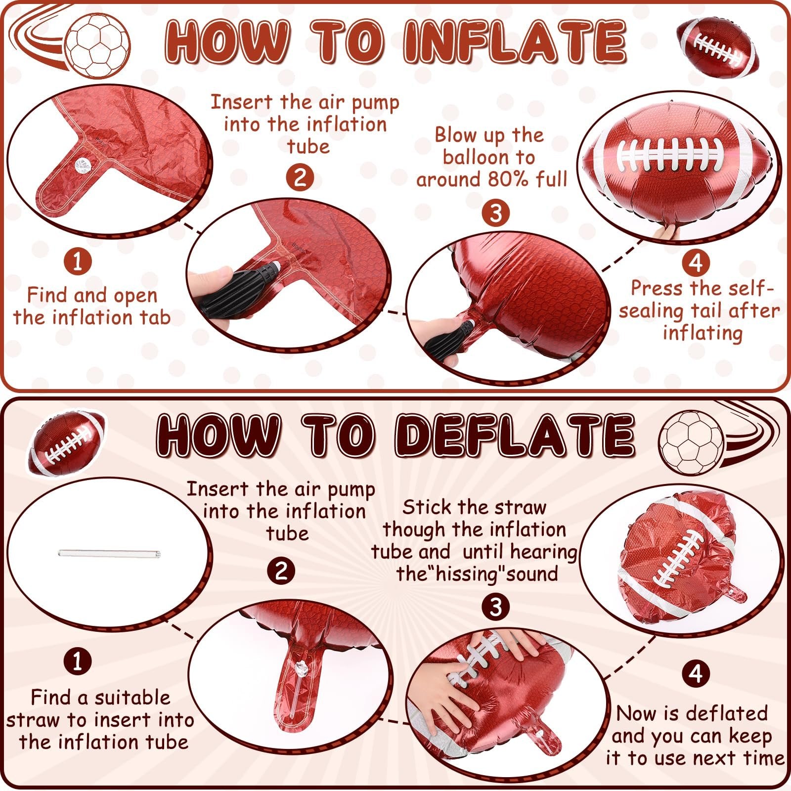 Instructions for inflating and deflating sports-themed foil balloons, showing steps with diagrams and text.