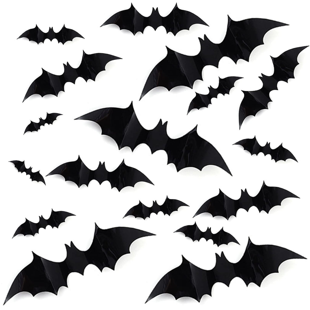 Assortment of 28 black 3D bat wall decals scattered on a white background.