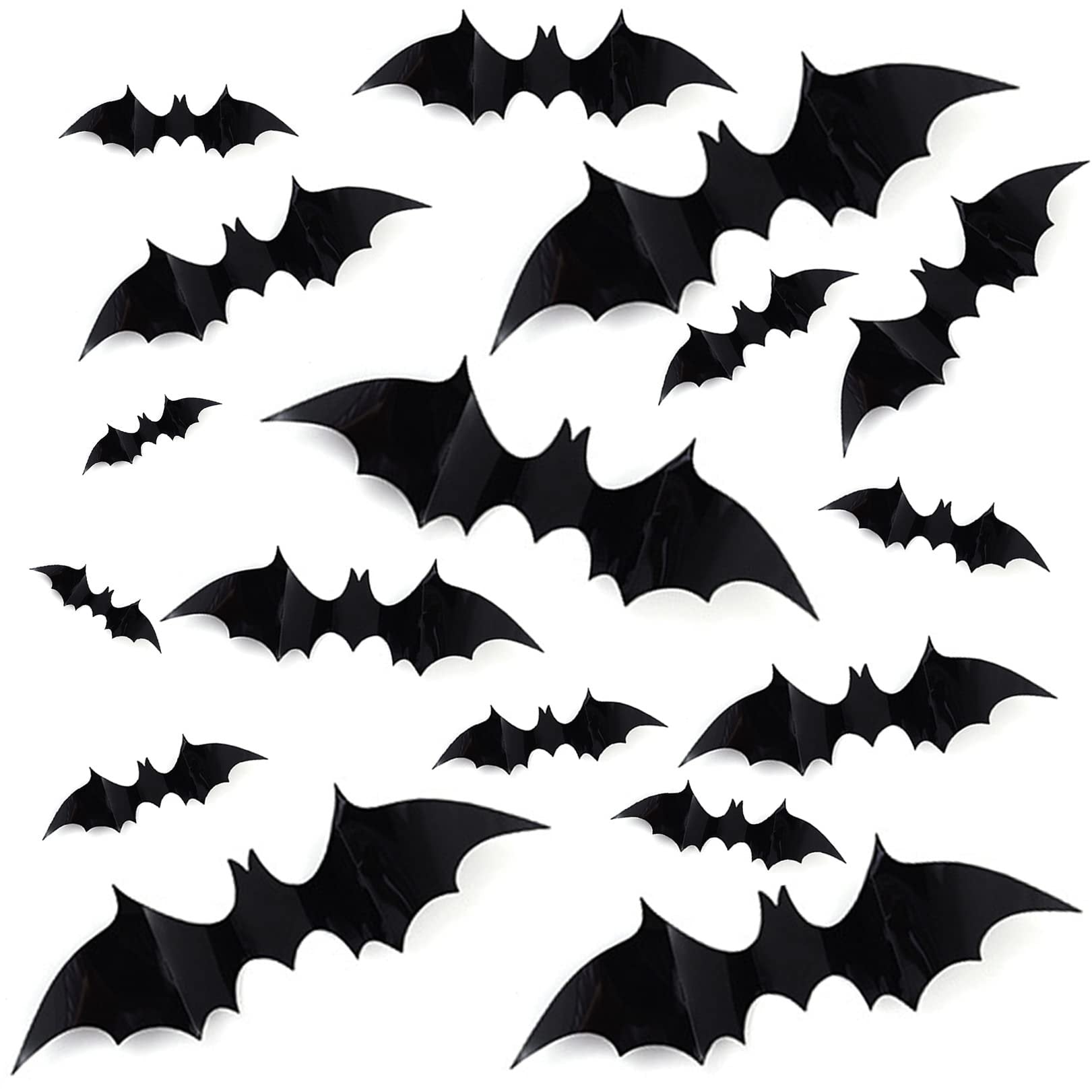 Assortment of 28 black 3D bat wall decals scattered on a white background.