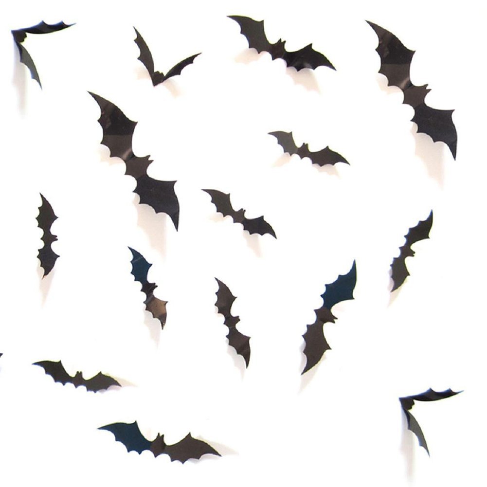 Collection of black PVC 3D bat wall decals scattered on a white background, arranged in a dynamic pattern.