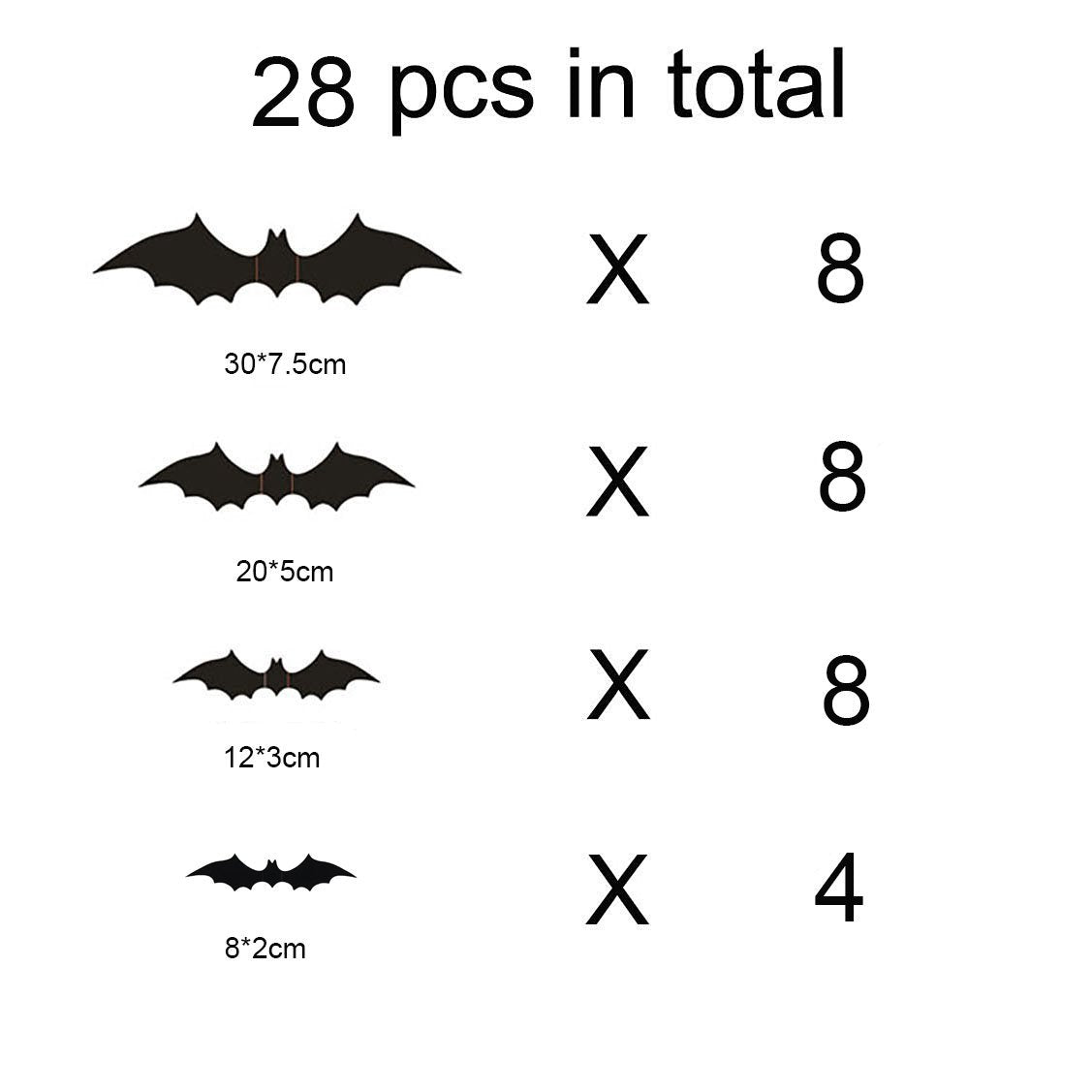 Four sizes of black bat wall decals shown with dimensions and quantities