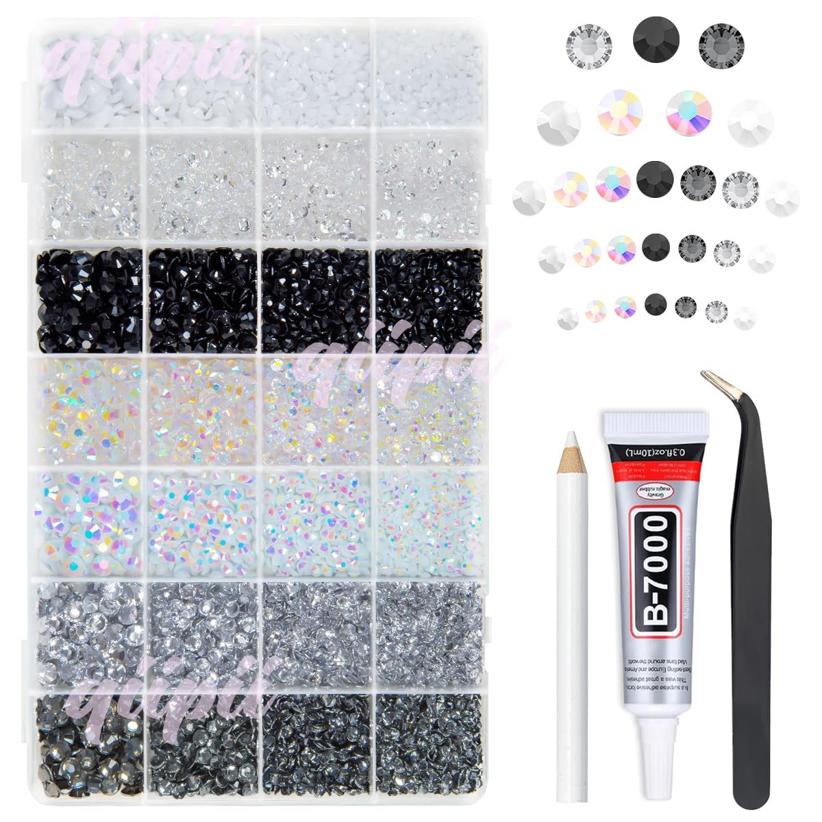Flat lay of a craft kit including a divided container of rhinestones, loose rhinestones, B-7000 glue, tweezers, and a pencil.