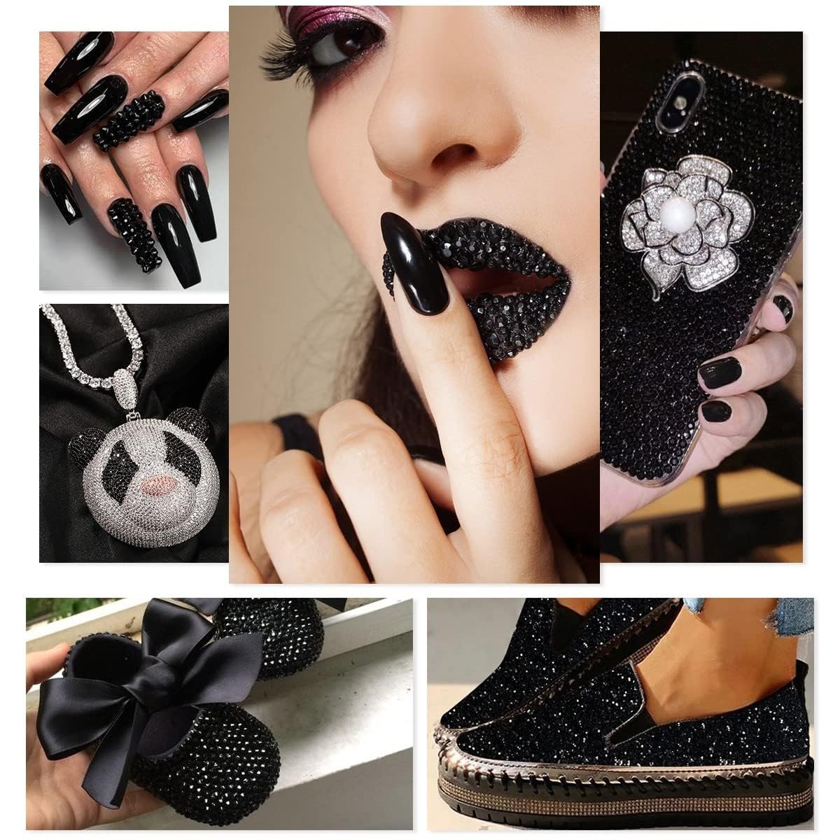 Collage of black and rhinestone-embellished items including nails, lips, phone case, panda necklace, baby shoes, and slip-on shoes.