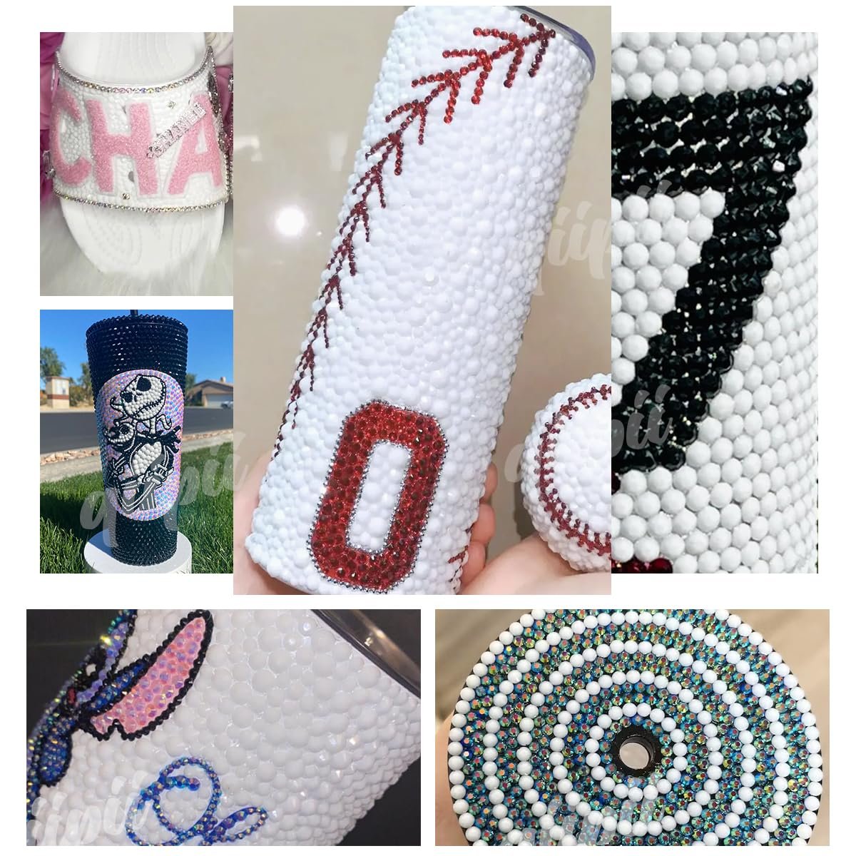 Collage of bedazzled items including slides, tumblers, and a baseball.