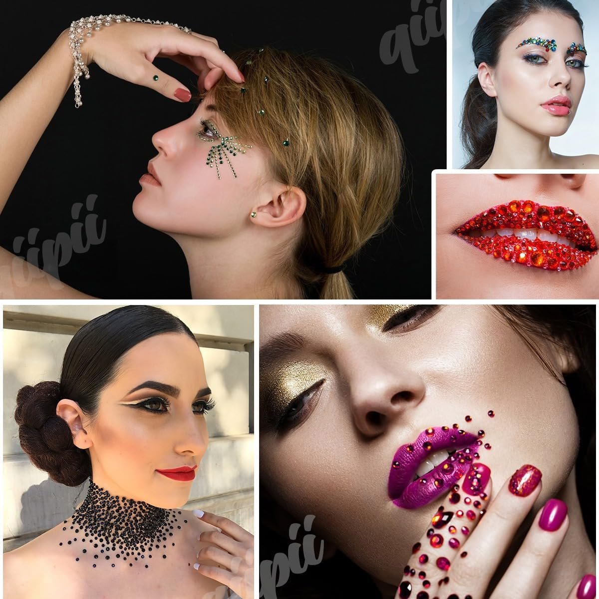 Collage of women with rhinestones applied to face, lips, and nails.
