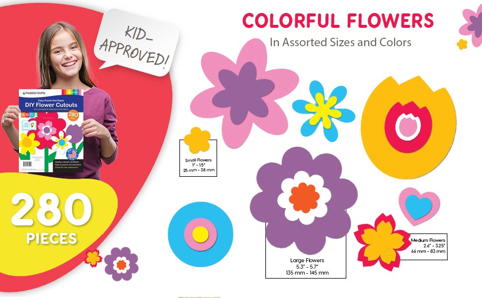 Girl holding a package of DIY flower cutouts with colorful flower shapes displayed around her
