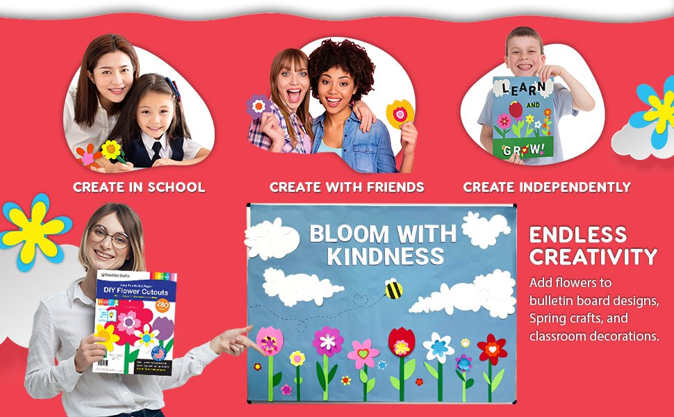 Collage of people creating with DIY flower cutouts, including a teacher holding a kit and a bulletin board decorated with flowers.