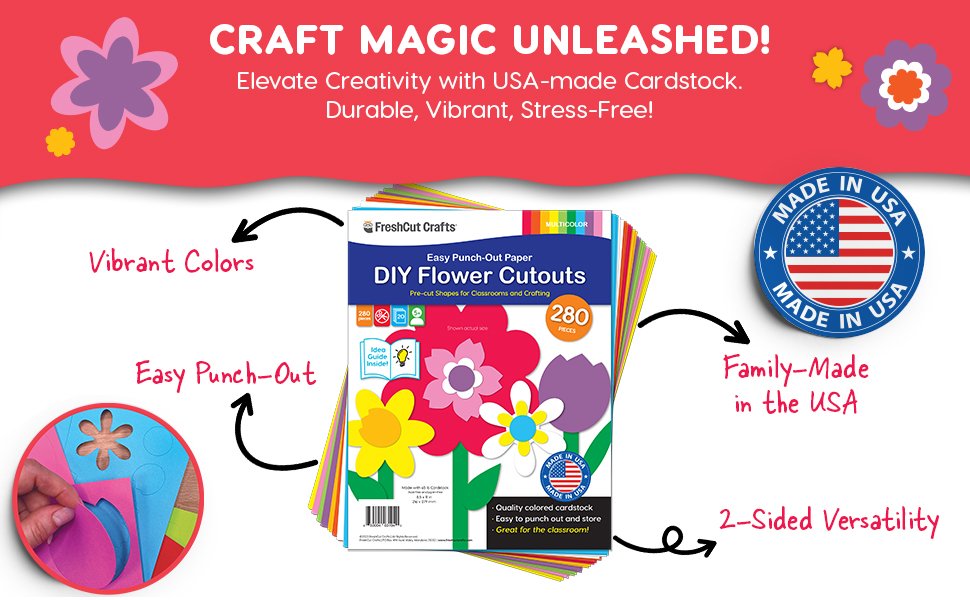 Stack of DIY flower cutouts with packaging showing vibrant colors, easy punch-out, and 280 pieces. Includes 'Made in USA' seal and lifestyle callouts.