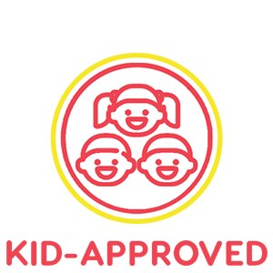 Graphic icon of three smiling children's faces inside a red and yellow circle with the text KID-APPROVED below.