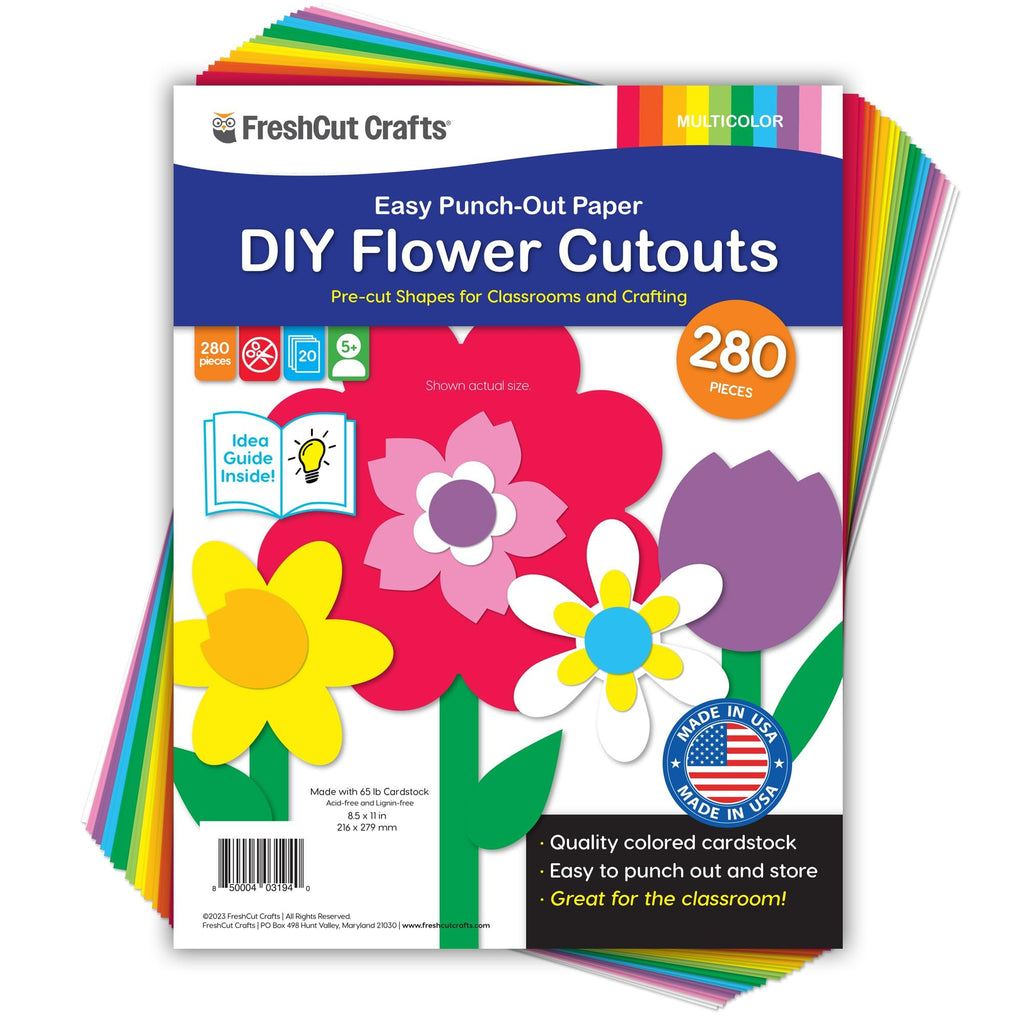 DIY Flower Cutouts kit packaging with colorful cardstock flowers, leaves, and stems. Includes idea guide and 280 pieces.