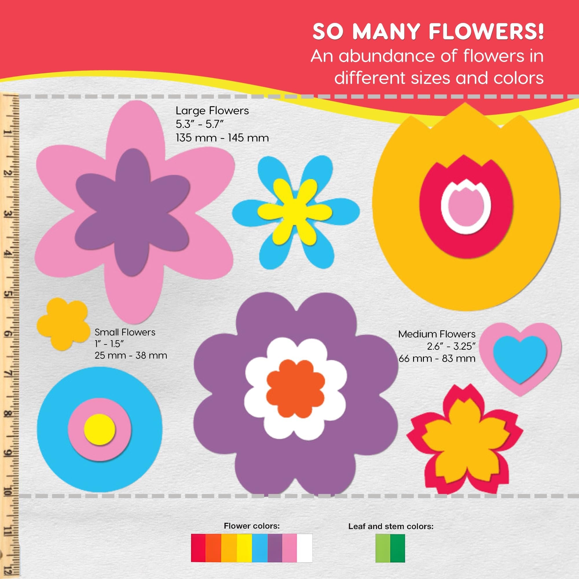 Various sizes and shapes of colorful paper flower cutouts displayed with a ruler for scale, and color swatches for flowers and stems.