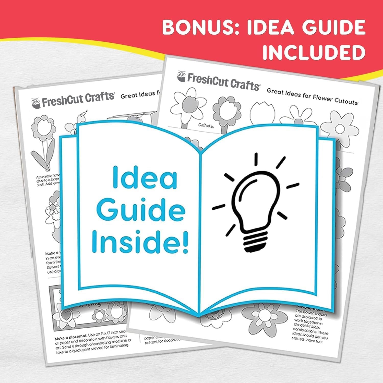 Open idea guide booklet showing a lightbulb and flower cutouts with text 'Idea Guide Inside!'